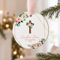 Personalized Baby Ornament, Floral Cross Wood 3.5in Keepsake Gift