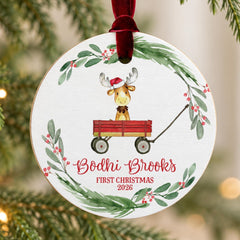 baby first christmas ornament, Personalized Moose Wood 3.5in Round
