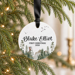Baby First Christmas Ornament, Personalized Wood 3.5in Round Name