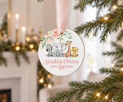 Personalized Baby Ornament Safari 3.5in Wood First Christmas Mini