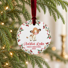 Personalized Baby Ornament Wood 3.5in Cow Tractor First Christmas