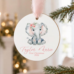 Baby First Christmas Ornament, Personalized Elephant Wood 3.5 in.