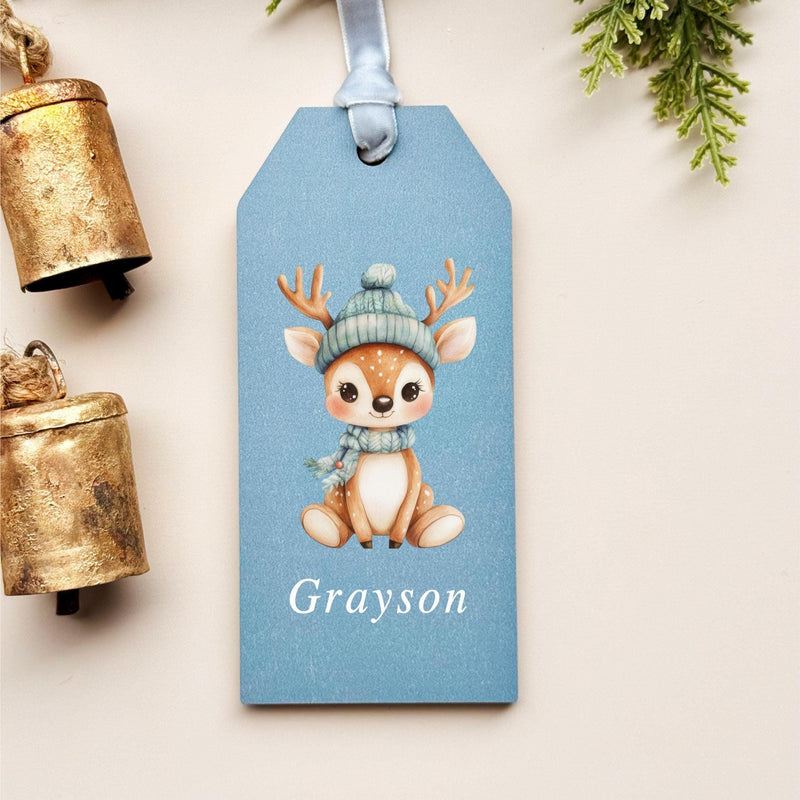 Kids Personalized Stocking Name Tags, Custom Holiday Mantle Decor Rudolph CT54