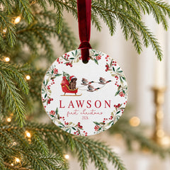 Baby First Christmas Ornament, Personalized Wood Duck 3.5in Round.