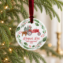 Personalized Baby Ornament, 3.5in Wood Farm Cow Tractor First Xmas