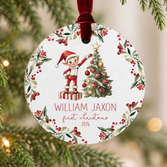 Personalized Elf Ornament, Baby's First Christmas 3.5 Inch Wooden
