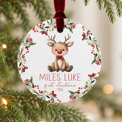 Baby First Christmas Ornament', Personalized Wooden 3.5in Rudolph