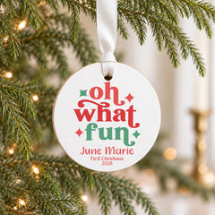 Baby First Christmas Ornament, Wood 3.5in Round Personalized Name