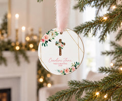 Personalized Baby Ornament, Floral Cross Wood 3.5in Keepsake Gift