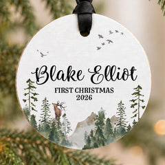 Baby First Christmas Ornament, Personalized Wood 3.5in Round Name