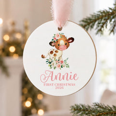 Personalized Baby Ornament 3.5in Wood Cow Tractor First Christmas
