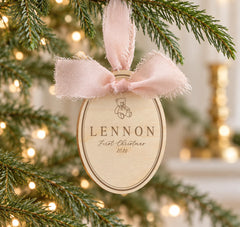Baby First Christmas Ornament, Personalized Engraved Wooden Teddy