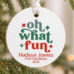 Baby First Christmas Ornament, Personalized Wood 3.5 Inch Rustic.