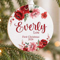 Personalized Baby Ornament, 3.5-Inch Wood Floral Baby Girl Keepsake