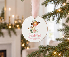 Personalized Baby Ornament 3.5in Wood Cow Tractor First Christmas
