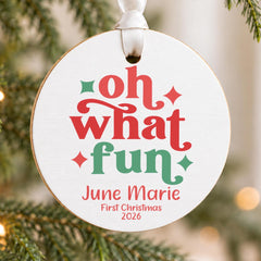 Baby First Christmas Ornament, Wood 3.5in Round Personalized Name