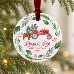 Personalized Baby Ornament, 3.5in Wood Farm Cow Tractor First Xmas