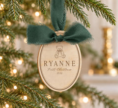 Baby First Christmas Ornament, Engraved Wood Teddy, 3x4 Keepsake.