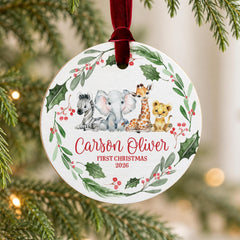 Personalized Baby Ornament Safari First Xmas, 3.5" Round Keepsake
