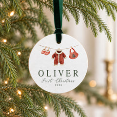 Baby First Christmas Ornament, 3.5in Wood, Personalized Name Year