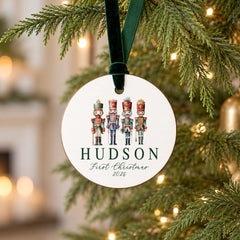 Personalized Baby Christmas Ornament, 3.5in Round Wood Nutcracker