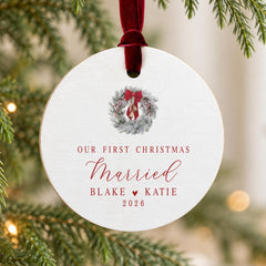 First Christmas Married Ornament, Personalized Wood 3.5in. Round.