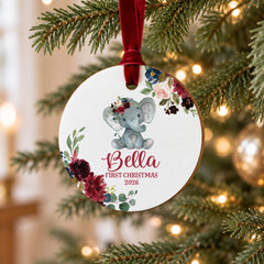 Baby First Christmas Ornament, 3.5In Wood Floral Elephant Personal