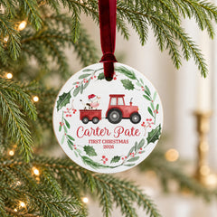 Personalized Baby Christmas Ornament, Farm 3.5in Wood Tractor Cow.