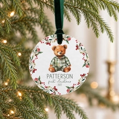 Baby First Christmas Ornament, Personalized 3.5in Wood Teddy Bear