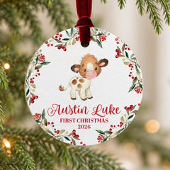 Personalized Baby Ornament Wood 3.5in Cow Tractor First Christmas