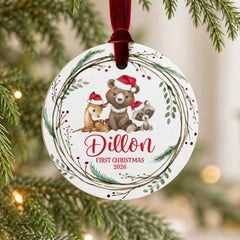 Personalized Baby First Christmas Ornament, 3.5in Wood Round, Deer