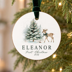 Personalized Baby Ornament, 3.5in Wood Deer First Christmas Token