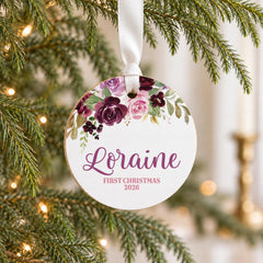 Baby First Christmas Ornament, 3.5in Wood Floral Personal Keepsake