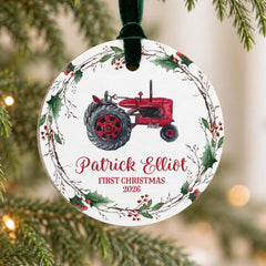 Personalized Baby Ornament, 3.5 in Wooden Tractor First Christmas