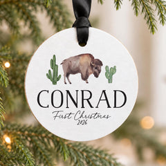 Personalized Baby Ornament 3.5" Wood Buffalo First Christmas Mini