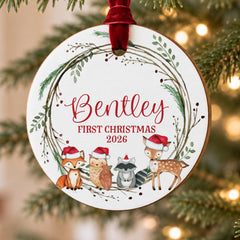 Baby First Christmas Ornament, Woodland Animal 3.5in Personalized