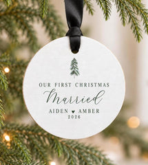 Personalized Married Christmas Ornament, 3.5in Wood Round Keepsake