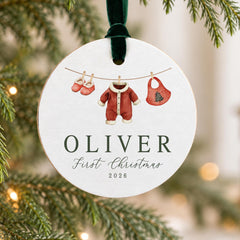 Baby First Christmas Ornament, 3.5in Wood, Personalized Name Year
