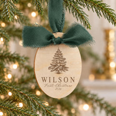 Personalized Baby Ornament, Natural Wood 3x4 In, First Christmas!