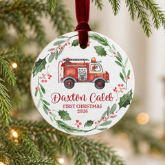 Personalized Firetruck Ornament' 3.5In Wood Baby First Christmas.