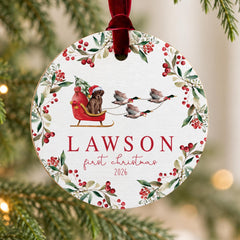 Baby First Christmas Ornament, Personalized Wood Duck 3.5in Round.
