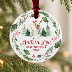 Personalized Baby Christmas Ornament, 3.5-Inch Wood Cow First Xmas!