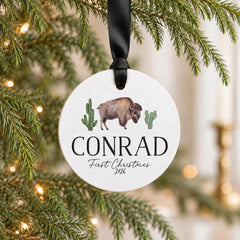 Personalized Baby Ornament 3.5" Wood Buffalo First Christmas Mini