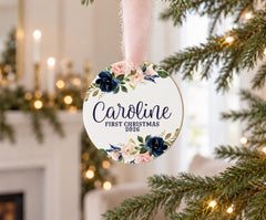 personalized baby ornament, Pink Navy Floral 3.5in Wood Keepsake.