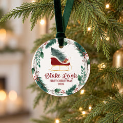 Baby First Christmas Ornament, 3.5in Wooden Personalized Keepsake
