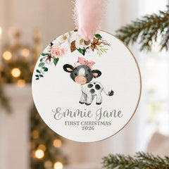 Personalized Baby Ornament, 3.5in, Round Wood Cow First Christmas