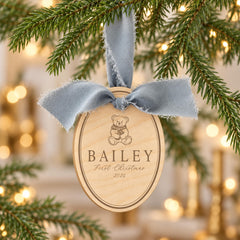 Baby First Christmas Ornament, Personalized Wooden Teddy Bear 3x4