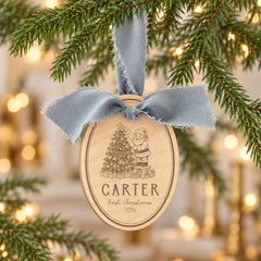 Baby First Christmas Ornament, Engraved Wood Santa, Keepsake, 3×4