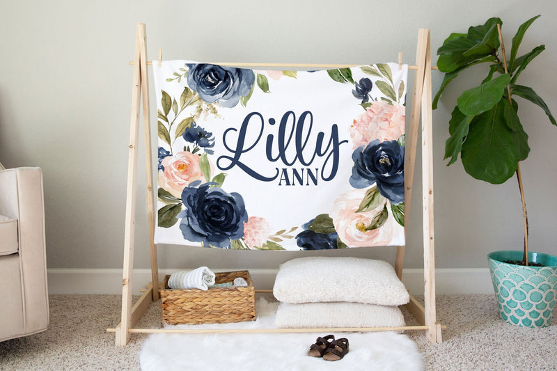Navy and Pink Floral Personalized Baby Blanket