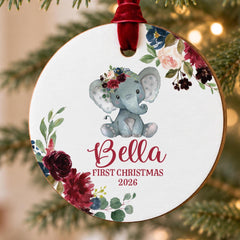 Baby First Christmas Ornament, 3.5In Wood Floral Elephant Personal